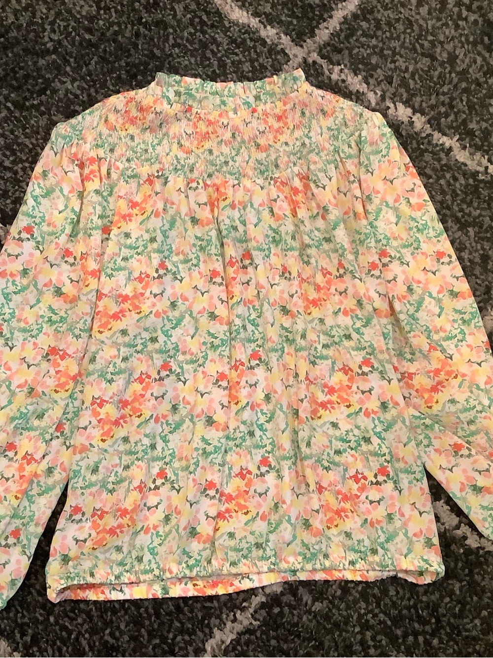 LOFT Floral Smocked Long Sleeve Top - Green, Pink, Yellow